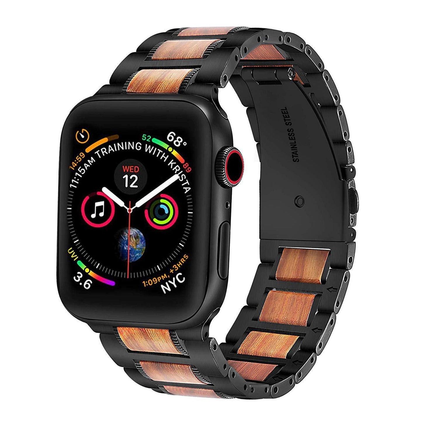 Luxury strap for Apple Watch in natural wood and stainless steel